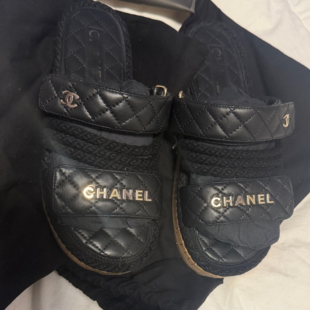 CHANEL Black Quilted Logo Slide Sandals with Gold Accents